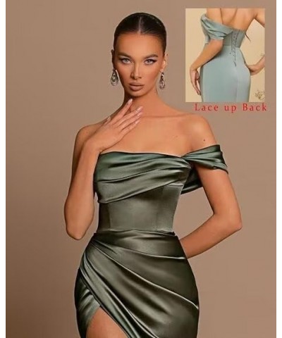 Women's Off Shoulder High Slit Prom Dresses Pleated Mermaid Evening Party Dress Satin Formal Gown Red $28.04 Dresses