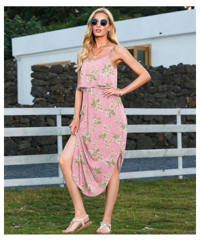 Women's Adjustable Strappy Split Summer Beach Casual Midi Dress Flower Pink $11.27 Dresses