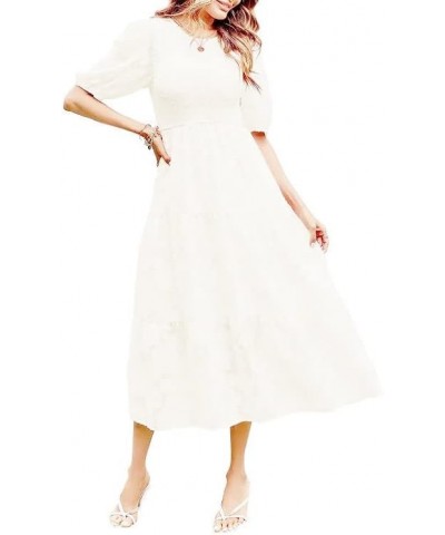 Women's Casual Solid Color Summer Puff Sleeve Smocked Floral Dress Crewneck Lace Flowy Tiered Midi Dresses White $21.15 Dresses