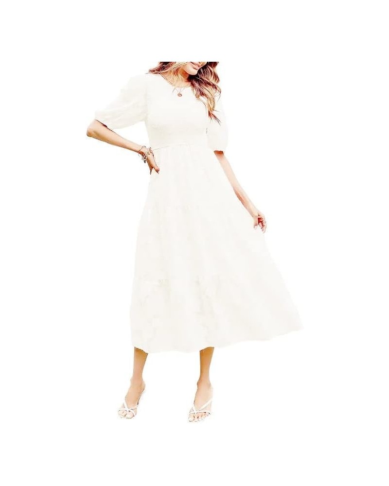 Women's Casual Solid Color Summer Puff Sleeve Smocked Floral Dress Crewneck Lace Flowy Tiered Midi Dresses White $21.15 Dresses