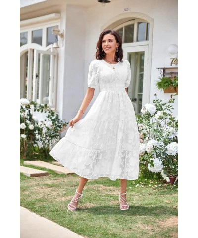 Women's Casual Solid Color Summer Puff Sleeve Smocked Floral Dress Crewneck Lace Flowy Tiered Midi Dresses White $21.15 Dresses