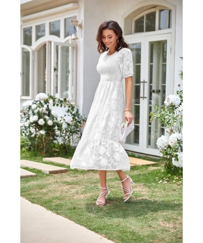 Women's Casual Solid Color Summer Puff Sleeve Smocked Floral Dress Crewneck Lace Flowy Tiered Midi Dresses White $21.15 Dresses