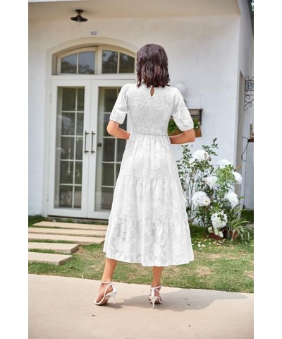 Women's Casual Solid Color Summer Puff Sleeve Smocked Floral Dress Crewneck Lace Flowy Tiered Midi Dresses White $21.15 Dresses