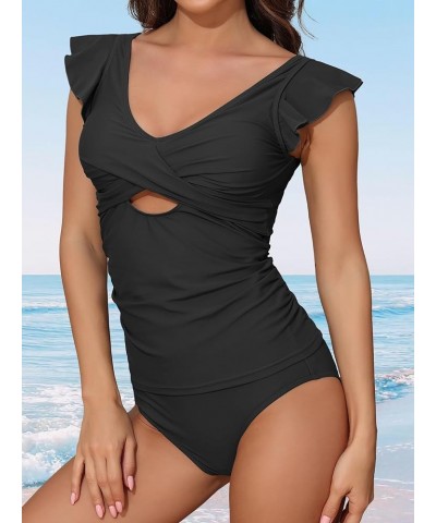 Women Ruffle Tankini Bathing Suits 2 Piece Tummy Control Swimsuits Twist Cutout Swimwear with Shorts Black $20.29 Swimsuits