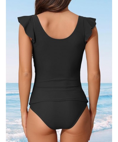 Women Ruffle Tankini Bathing Suits 2 Piece Tummy Control Swimsuits Twist Cutout Swimwear with Shorts Black $20.29 Swimsuits