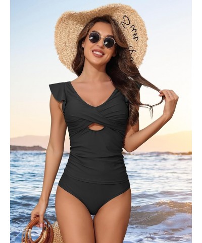 Women Ruffle Tankini Bathing Suits 2 Piece Tummy Control Swimsuits Twist Cutout Swimwear with Shorts Black $20.29 Swimsuits