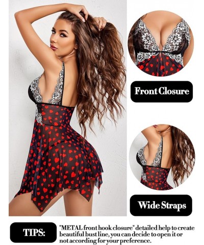 Women Lace Lingerie Front Closure Babydoll V Neck Nightwear Sexy Chemise Nightie Love Heart Print $10.25 Lingerie