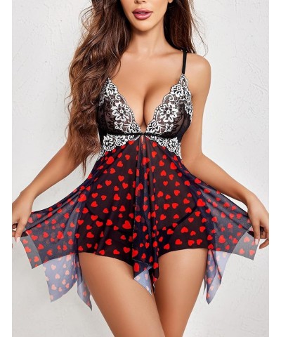 Women Lace Lingerie Front Closure Babydoll V Neck Nightwear Sexy Chemise Nightie Love Heart Print $10.25 Lingerie