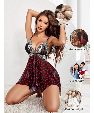 Women Lace Lingerie Front Closure Babydoll V Neck Nightwear Sexy Chemise Nightie Love Heart Print $10.25 Lingerie