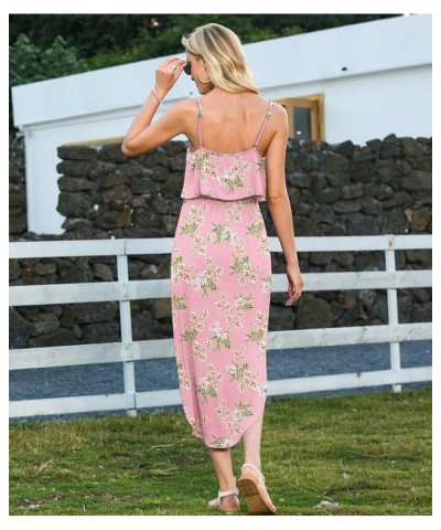 Women's Adjustable Strappy Split Summer Beach Casual Midi Dress Flower Pink $11.27 Dresses