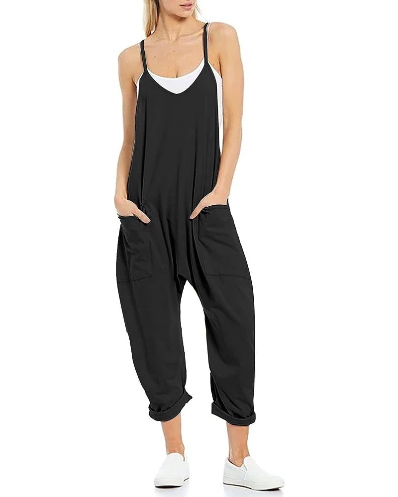 Casual Harem Jumpsuits for Women Loose V Neck Spaghetti Straps Long Pants Overalls with Pockets Black $14.70 Overalls