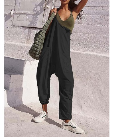 Casual Harem Jumpsuits for Women Loose V Neck Spaghetti Straps Long Pants Overalls with Pockets Black $14.70 Overalls