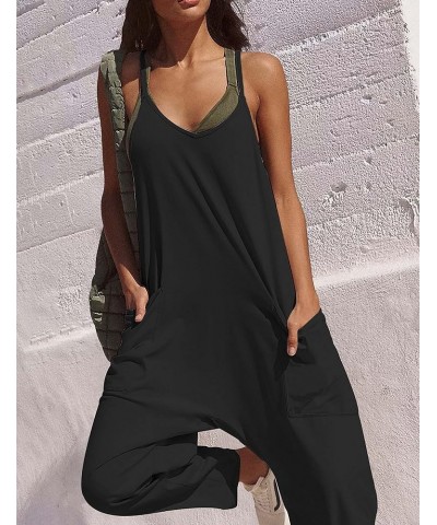 Casual Harem Jumpsuits for Women Loose V Neck Spaghetti Straps Long Pants Overalls with Pockets Black $14.70 Overalls