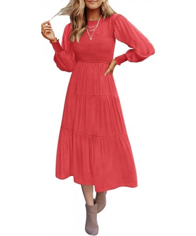 Women's Summer Casual Midi Maxi Dress Boho Flutter Sleeve Crew Neck Smocked Elastic Waist Tiered A-Line Beach Dress Long Slee...