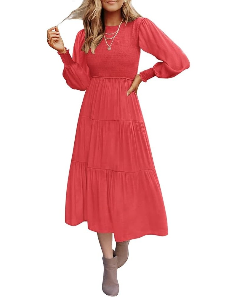 Women's Summer Casual Midi Maxi Dress Boho Flutter Sleeve Crew Neck Smocked Elastic Waist Tiered A-Line Beach Dress Long Slee...