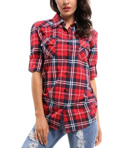 Women's Plaid Flannel Shirt Long Sleeve Button Down Casual Fitted Western Tops Red Plaid $11.75 Blouses