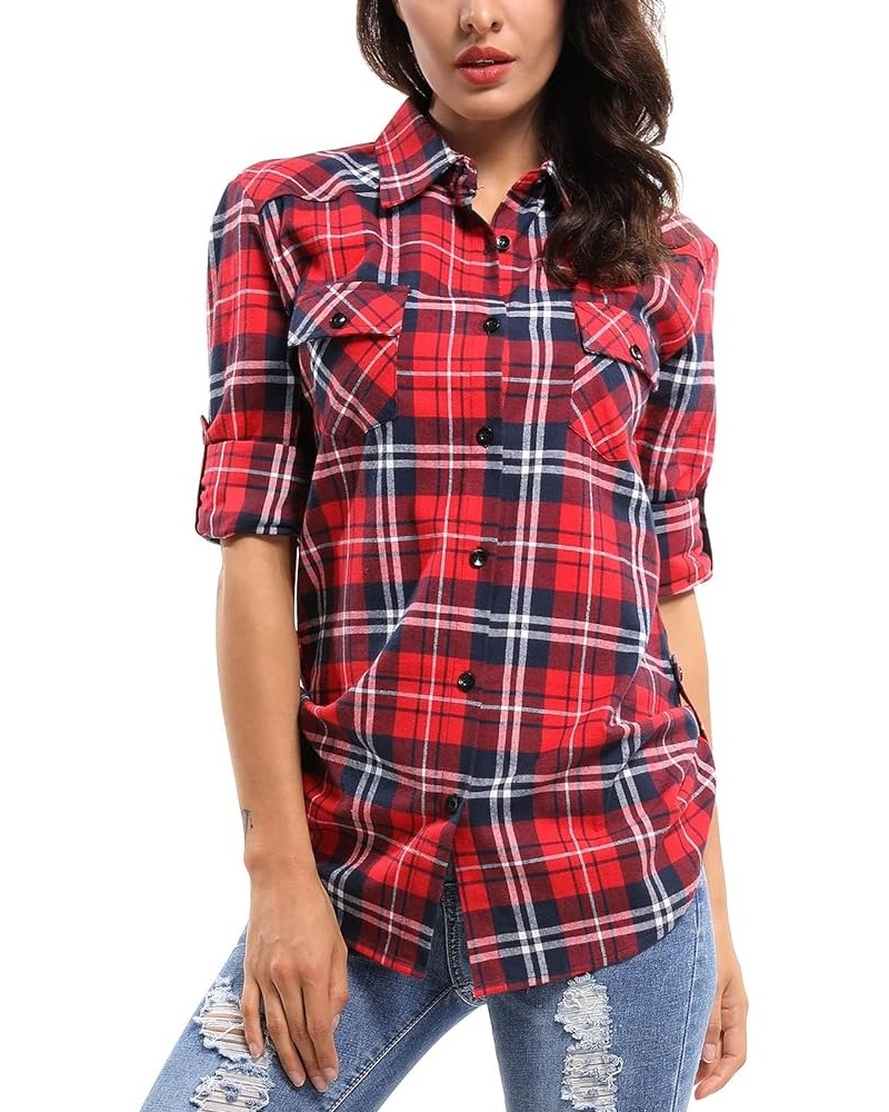 Women's Plaid Flannel Shirt Long Sleeve Button Down Casual Fitted Western Tops Red Plaid $11.75 Blouses