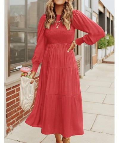 Women's Summer Casual Midi Maxi Dress Boho Flutter Sleeve Crew Neck Smocked Elastic Waist Tiered A-Line Beach Dress Long Slee...