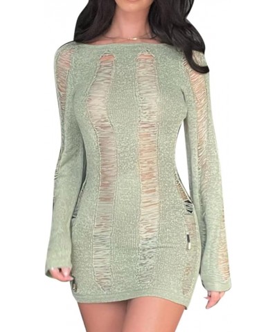 Womens Y2K Crochet Knitted Dress Long Sleeve Hollow Out Sweater Dress Backless Sexy Bodycon Cutout Mini Dress Y2k Green Dress...