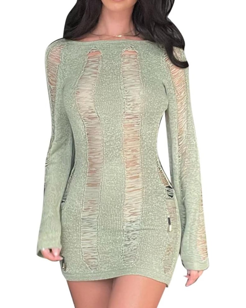 Womens Y2K Crochet Knitted Dress Long Sleeve Hollow Out Sweater Dress Backless Sexy Bodycon Cutout Mini Dress Y2k Green Dress...