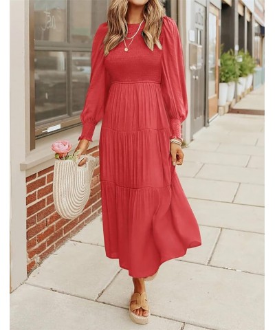 Women's Summer Casual Midi Maxi Dress Boho Flutter Sleeve Crew Neck Smocked Elastic Waist Tiered A-Line Beach Dress Long Slee...