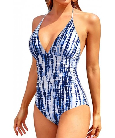 Women One Piece Swimsuits Tummy Control Bathing Suits Halter Swimwear Sexy V Neck Swim Suit Blue Tie Dye $16.56 Swimsuits