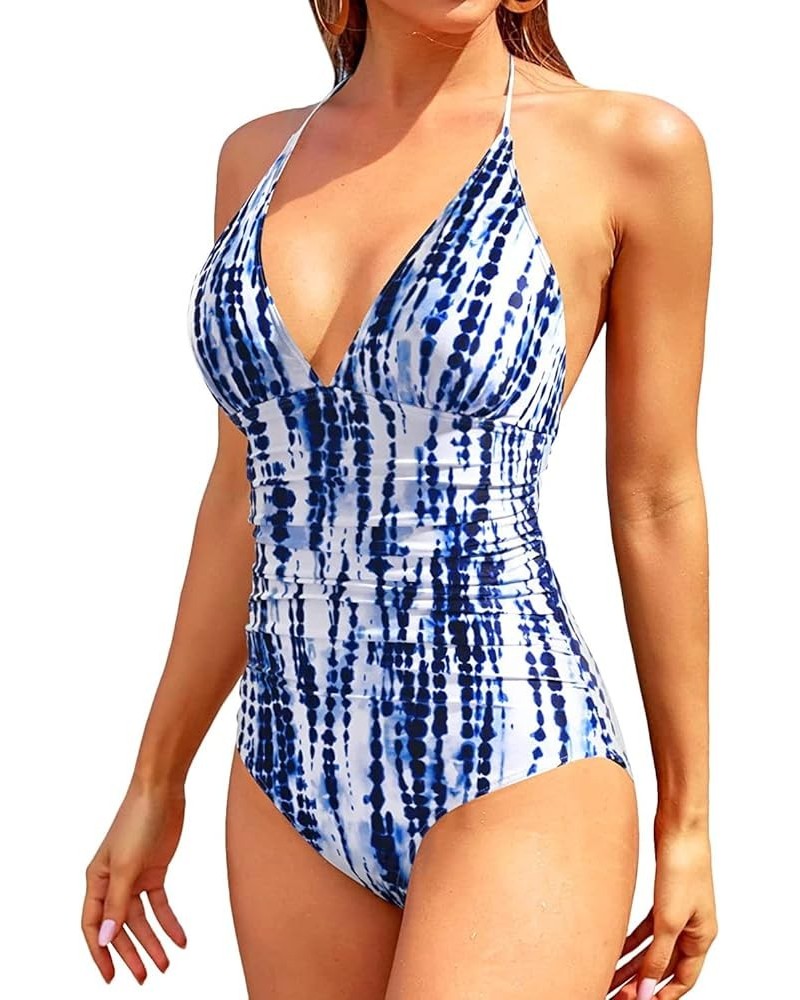 Women One Piece Swimsuits Tummy Control Bathing Suits Halter Swimwear Sexy V Neck Swim Suit Blue Tie Dye $16.56 Swimsuits