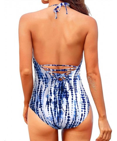 Women One Piece Swimsuits Tummy Control Bathing Suits Halter Swimwear Sexy V Neck Swim Suit Blue Tie Dye $16.56 Swimsuits