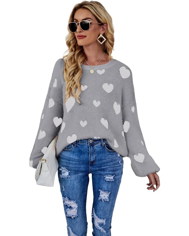 Heart Print Fuzzy Crewneck Long Sleeve Sweater Gray X-Large $27.03 Sweaters