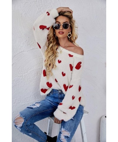 Heart Print Fuzzy Crewneck Long Sleeve Sweater Gray X-Large $27.03 Sweaters