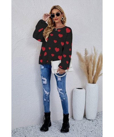 Heart Print Fuzzy Crewneck Long Sleeve Sweater Gray X-Large $27.03 Sweaters