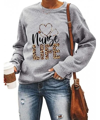 Nurse Life Sweatshirt for Women Funny Letter Print Stethoscope Graphic Long Sleeve Pullover Tops Gray $11.52 Hoodies & Sweats...