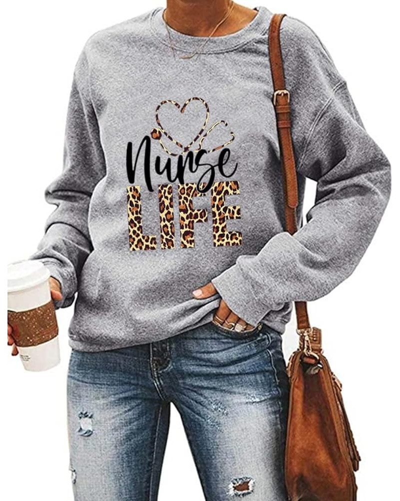 Nurse Life Sweatshirt for Women Funny Letter Print Stethoscope Graphic Long Sleeve Pullover Tops Gray $11.52 Hoodies & Sweats...