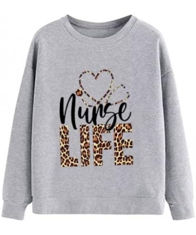 Nurse Life Sweatshirt for Women Funny Letter Print Stethoscope Graphic Long Sleeve Pullover Tops Gray $11.52 Hoodies & Sweats...