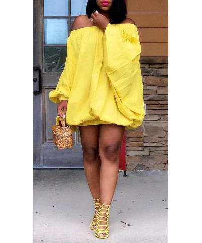 Womens Sexy Off Shoulder Puff Sleeve Loose Tunic Top Shirt Party Mini Dress Yellow $16.75 Dresses