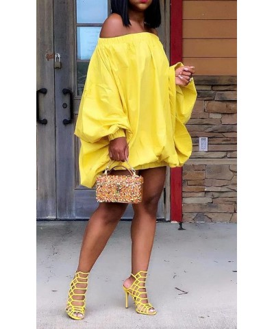 Womens Sexy Off Shoulder Puff Sleeve Loose Tunic Top Shirt Party Mini Dress Yellow $16.75 Dresses