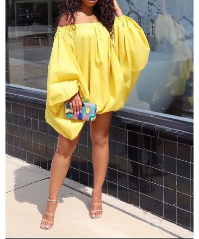 Womens Sexy Off Shoulder Puff Sleeve Loose Tunic Top Shirt Party Mini Dress Yellow $16.75 Dresses