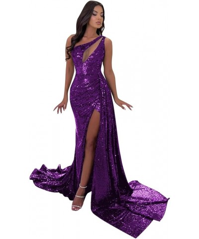 One Shoulder Sequin Prom Dresses for Women Sparkly Mermaid Cutout Formal Evening Gown Purple $42.50 Dresses