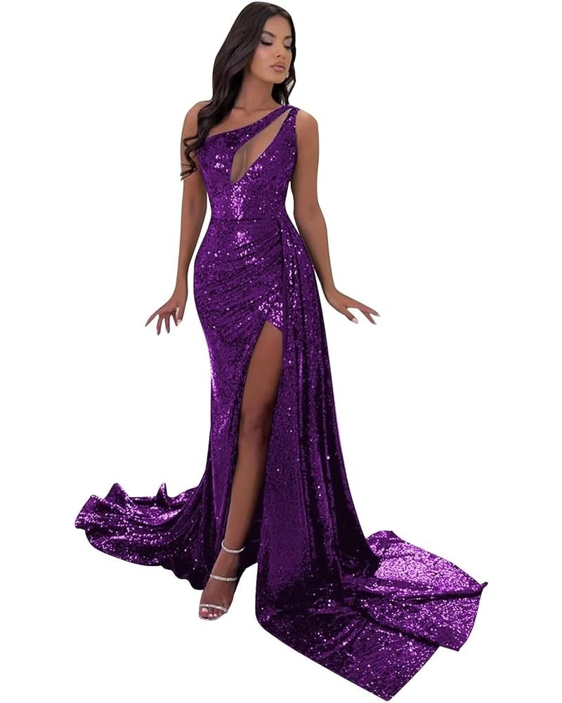 One Shoulder Sequin Prom Dresses for Women Sparkly Mermaid Cutout Formal Evening Gown Purple $42.50 Dresses