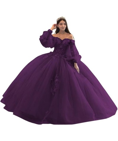 Floral Quinceanera Dresses with Sleeves Giltter Tulle Ball Gown Puffy Lace Off Shoulder Sweet 16 Dresses Party Gowns Plum $48...