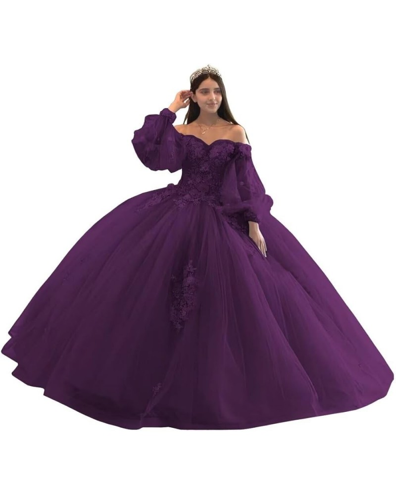 Floral Quinceanera Dresses with Sleeves Giltter Tulle Ball Gown Puffy Lace Off Shoulder Sweet 16 Dresses Party Gowns Plum $48...