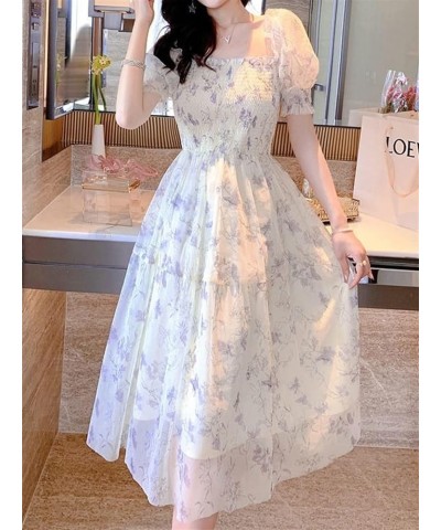 Women's Sexy Black Dress Floral Long Puff Sleeve Chiffon Dress Casual Mini Dress White $24.29 Dresses