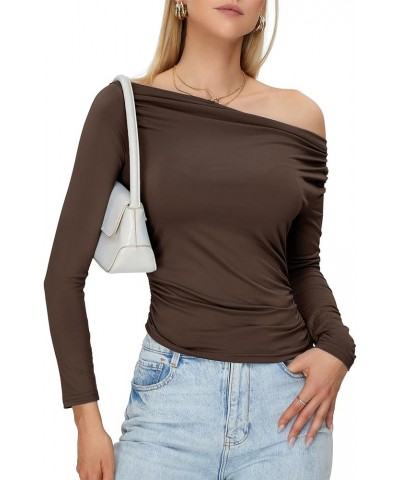 Women's Sexy Off The Shoulder Top Casual Off Shoulder Long Sleeve Top Slim Fit Long Sleeve Going Out Tops Coffee $12.89 Blouses