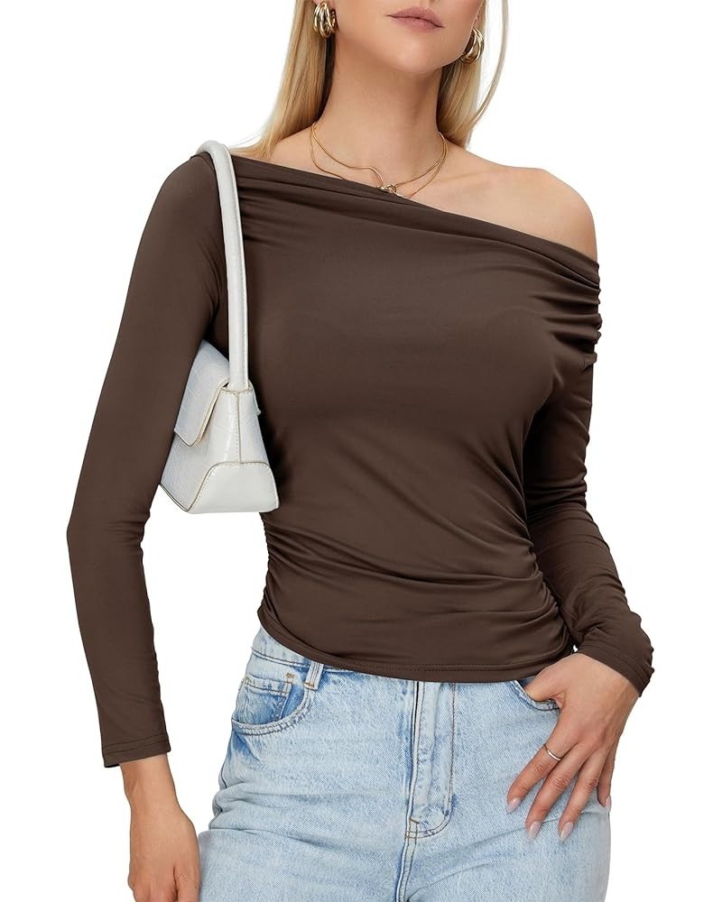 Women's Sexy Off The Shoulder Top Casual Off Shoulder Long Sleeve Top Slim Fit Long Sleeve Going Out Tops Coffee $12.89 Blouses