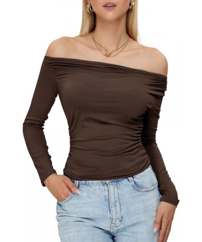 Women's Sexy Off The Shoulder Top Casual Off Shoulder Long Sleeve Top Slim Fit Long Sleeve Going Out Tops Coffee $12.89 Blouses