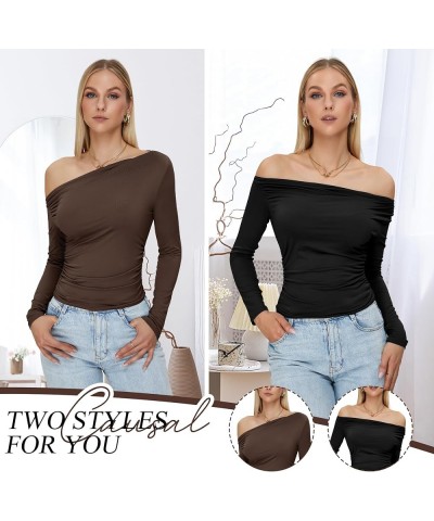 Women's Sexy Off The Shoulder Top Casual Off Shoulder Long Sleeve Top Slim Fit Long Sleeve Going Out Tops Coffee $12.89 Blouses