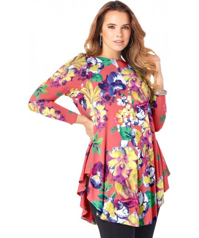 Women's Plus Size Boatneck Swing Ultra Femme Tunic Coral Orchid Garden $19.50 Tops