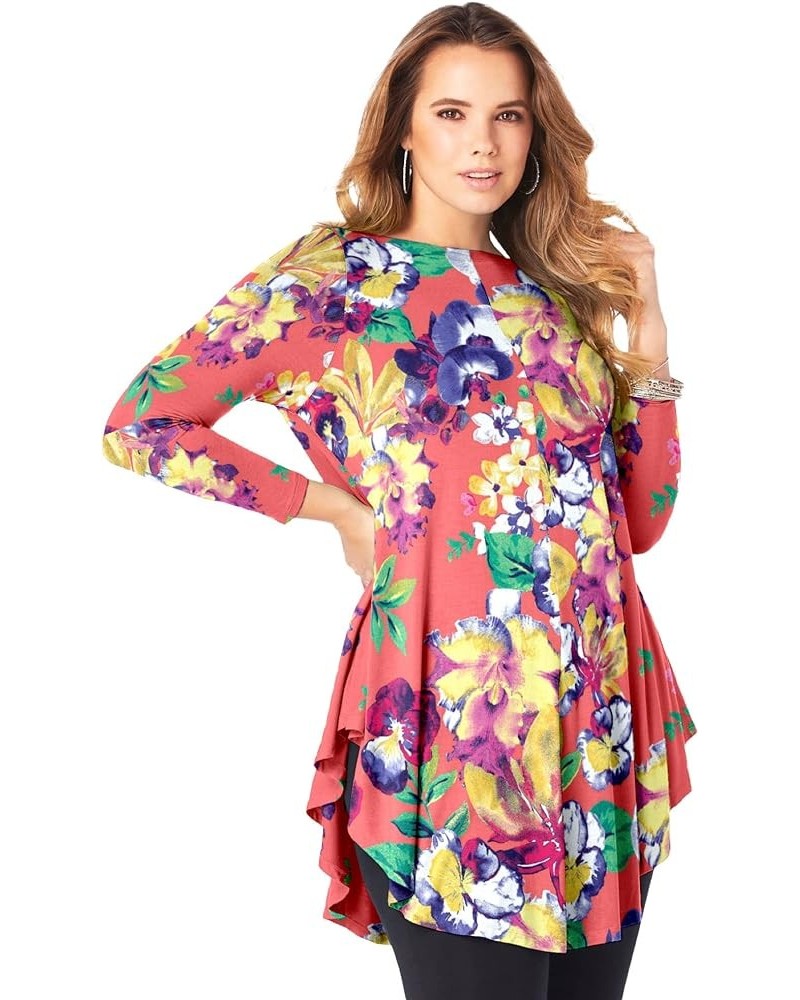 Women's Plus Size Boatneck Swing Ultra Femme Tunic Coral Orchid Garden $19.50 Tops