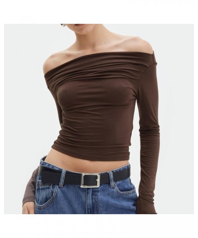 Women’s Off Shoulder Long Sleeve Tops Y2K Solid Basic Low Cut Folded Neck Slim Tee Shirts Sexy Ruched Crop Blouse H Ruched Mi...