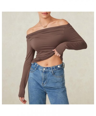 Women’s Off Shoulder Long Sleeve Tops Y2K Solid Basic Low Cut Folded Neck Slim Tee Shirts Sexy Ruched Crop Blouse H Ruched Mi...